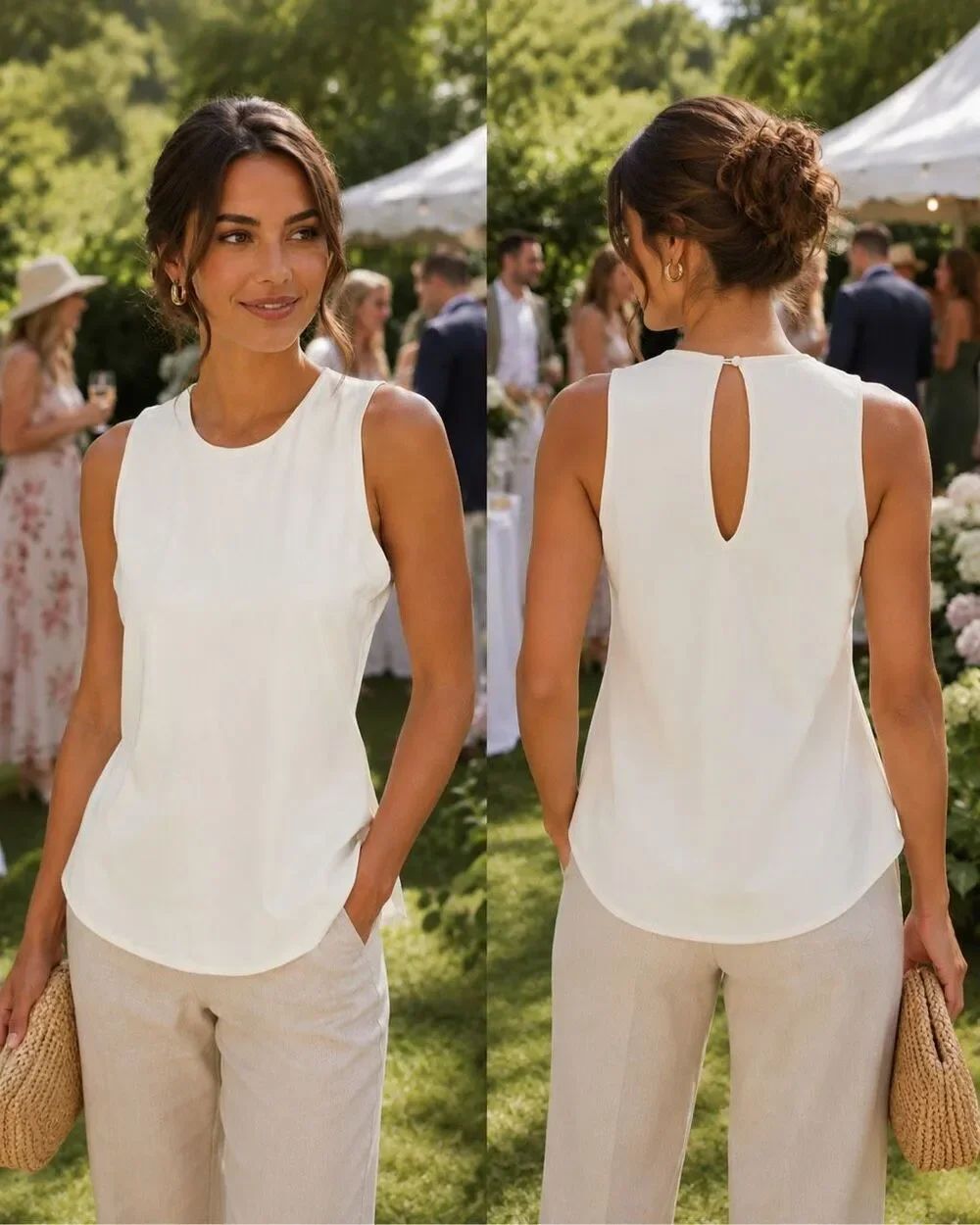 Express women L sleeveless scoopneck blouse w/back opening & button closure ivor